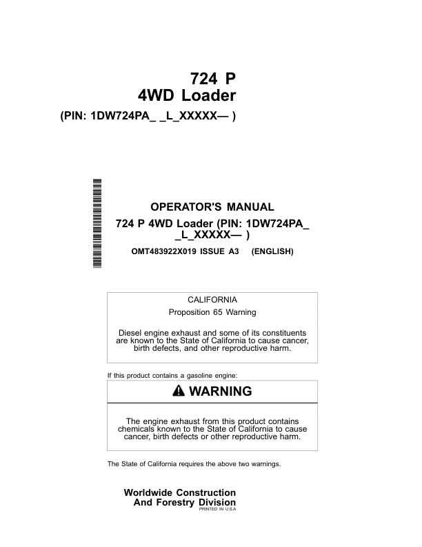 John Deere 724 P Loaders Operator’s Manuals (OMT483922X019) Workshop Guide