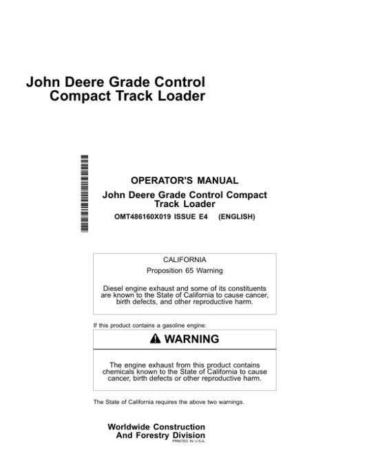 John Deere 333 P, 335 P Compact Track Loaders Operator’s Manuals (OMT486160X019) Workshop Guide
