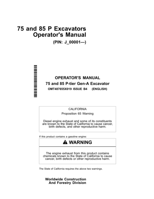 John Deere 75 P, 85 P Excavators Operator’s Manuals (OMT487655X019) Workshop Guide