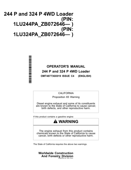 John Deere 244 P, 324 P Loaders Operator’s Manuals (OMT487736X019) Workshop Guide