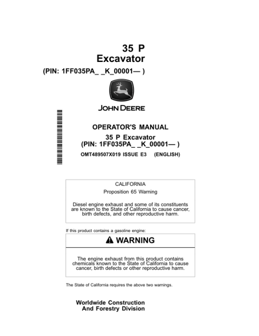 John Deere 35 P Excavators Operator’s Manuals (OMT489507X019) Workshop Guide