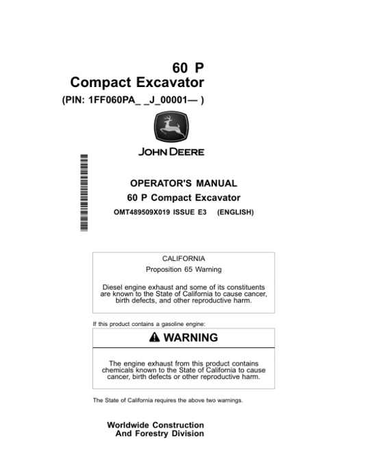 John Deere 60 P Excavators Operator’s Manuals (OMT489509X019) Workshop Guide