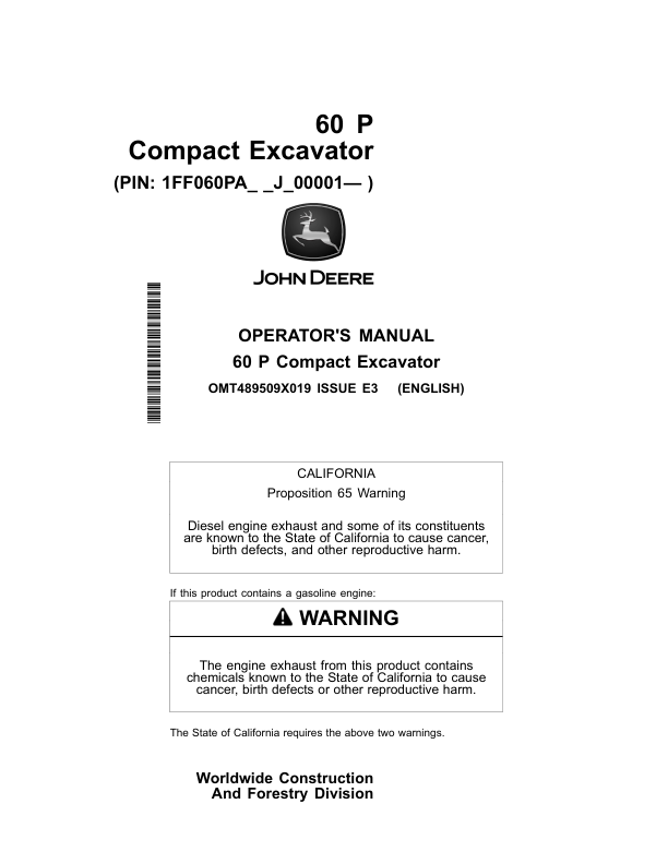 John Deere 60 P Excavators Operator’s Manuals (OMT489509X019) Workshop Guide