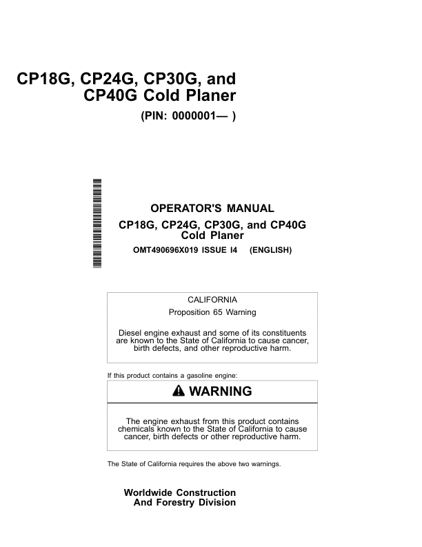 John Deere CP18G, CP24G, CP30G, CP40G Worksite Pro Attachments Operator’s Manuals (OMT490696X019) Workshop Guide