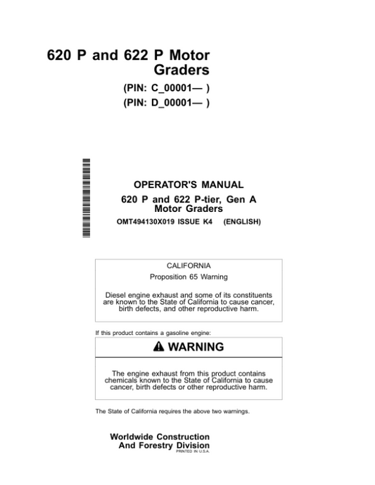 John Deere 620 P, 622 P Motor Graders Operator’s Manuals (OMT494130X019) Workshop Guide