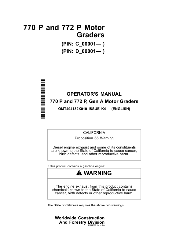 John Deere 770 P, 772 P Motor Graders Operator’s Manuals (OMT494132X019) Workshop Guide