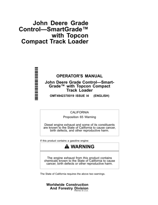 John Deere 333 P, 335 P Skid Steers Operator’s Manuals (OMT494237X019) Workshop Guide