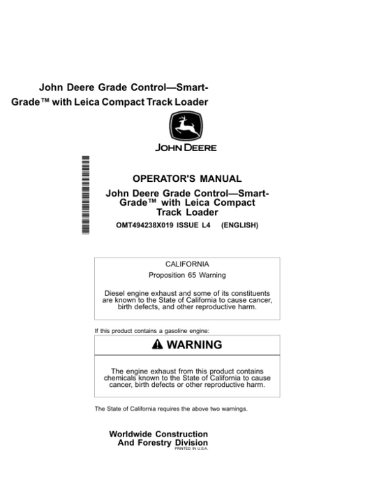 John Deere 333 P, 335 P Compact Track Loaders Operator’s Manuals (OMT494238X019) Workshop Guide