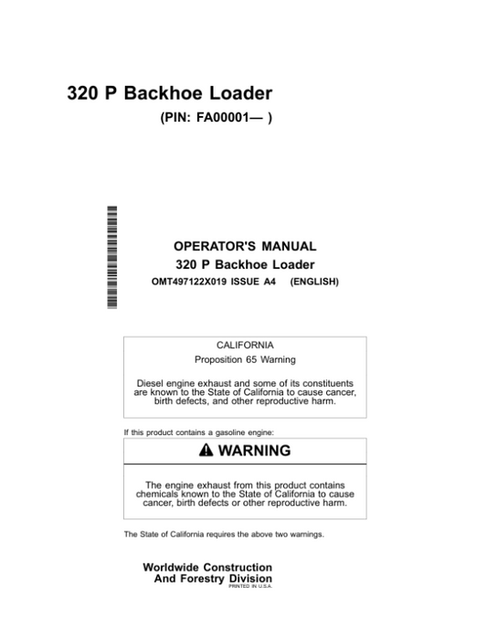 John Deere 320 P Backhoe Loaders Operator’s Manuals (OMT497122X019) Workshop Guide