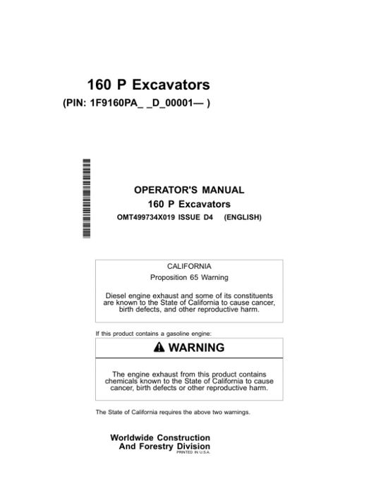 John Deere 160 P Excavators Operator’s Manuals (OMT499734X019) Workshop Guide