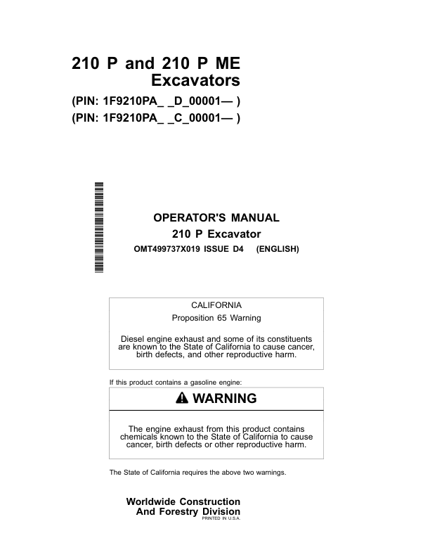 John Deere 210 P Excavators Operator’s Manuals (OMT499737X019) Workshop Guide