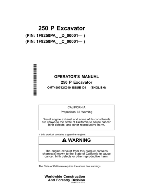 John Deere 250 P Excavators Operator’s Manuals (OMT499742X019) Workshop Guide