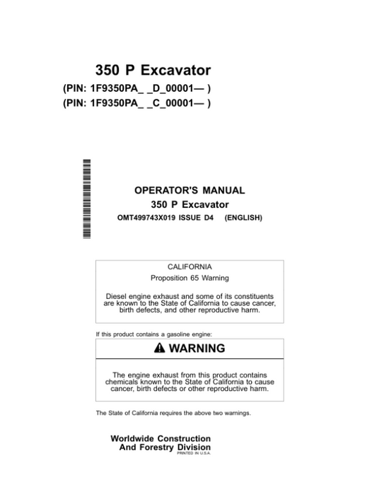 John Deere 350 P Excavators Operator’s Manuals (OMT499743X019) Workshop Guide