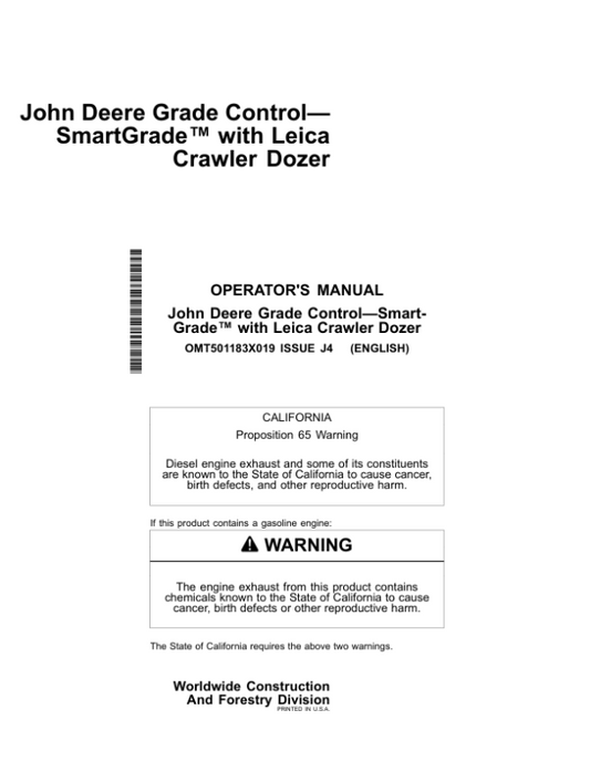 John Deere 450 P, 550 P, 650 P Crawler Dozers Operator’s Manuals (OMT501183X019) Workshop Guide