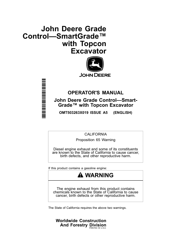 John Deere 210 P, 230 P, 260 P Excavators Operator’s Manuals (OMT503263X019) Workshop Guide