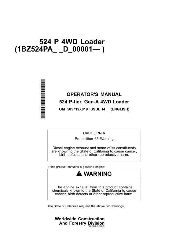 John Deere 524 P Loaders Operator’s Manuals (OMT505719X019) Workshop Guide