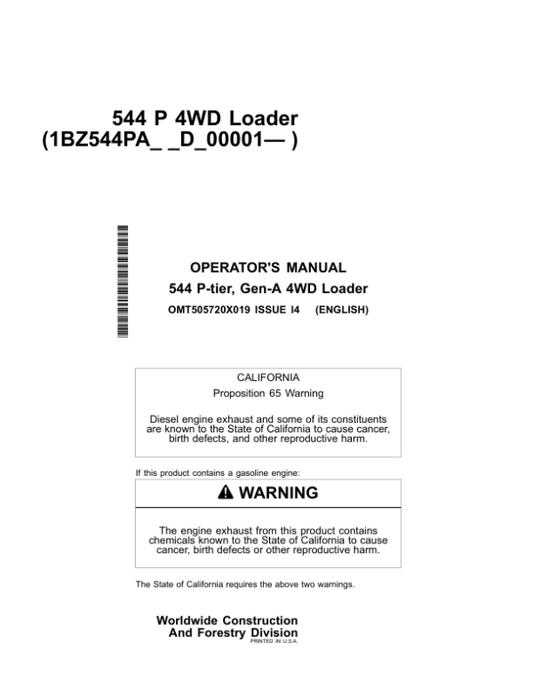 John Deere 544 P Loaders Operator’s Manuals (OMT505720X019) Workshop Guide