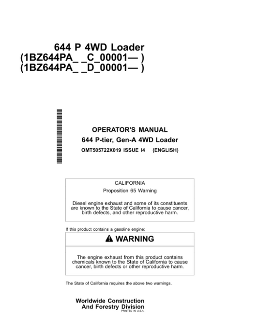 John Deere 644 P Loaders Operator’s Manuals (OMT505722X019) Workshop Guide