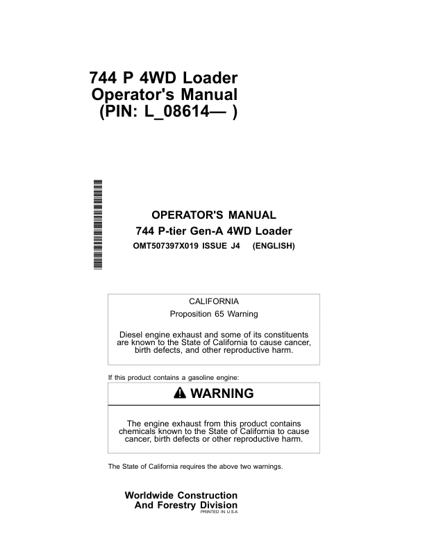 John Deere 744 P Loaders Operator’s Manuals (OMT507397X019) Workshop Guide