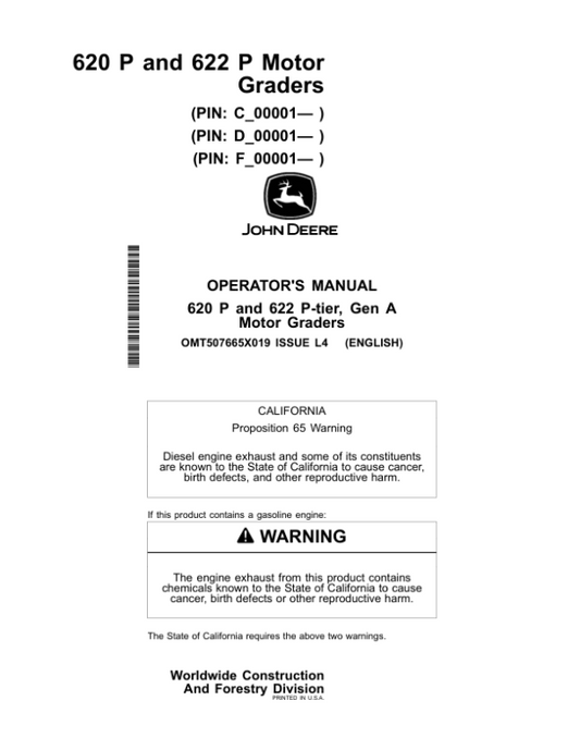 John Deere 620 P, 622 P Motor Graders Operator’s Manuals (OMT507665X019) Workshop Guide