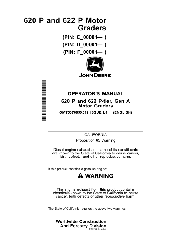John Deere 620 P, 622 P Motor Graders Operator’s Manuals (OMT507665X019) Workshop Guide