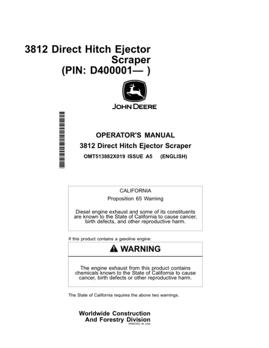 John Deere 3812 Scrapers Operator’s Manuals (OMT513882X019) Workshop Guide