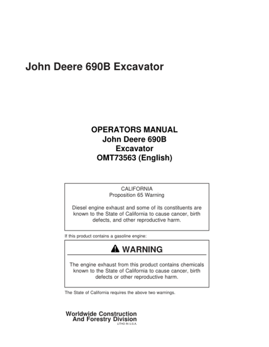 John Deere 690B Excavators Operator’s Manuals (OMT73563) Workshop Guide
