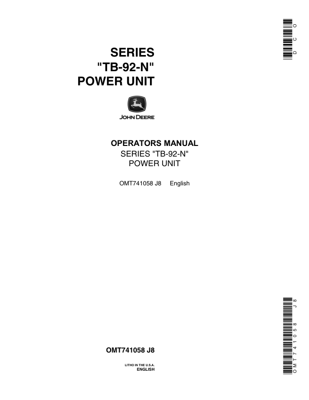 John Deere TB-92-N Power Unit Operator’s Manual (OMT741058) Workshop Guide