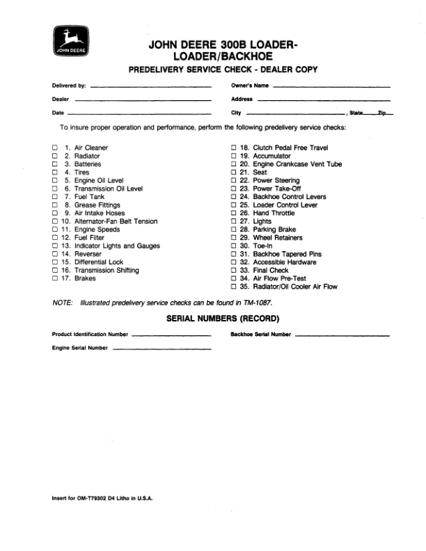 John Deere 300B Backhoes Operator’s Manuals (OMT79302) Workshop Guide