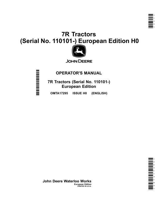John Deere 7R 210, 7R 230, 7R 250, 7R 270, 7R 290, 7R 310, 7R 330 7R Tractors (110101) Operator’s Manual (OMTA17295) Workshop Guide