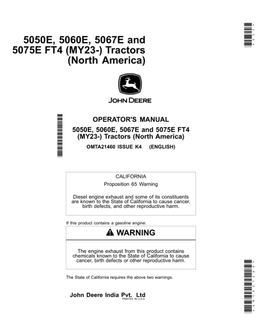 John Deere 5050E, 5060E, 5067E, 5075E FT4 (MY23-) Tractors (North America) Operator’s Manual (OMTA21460) Workshop Guide