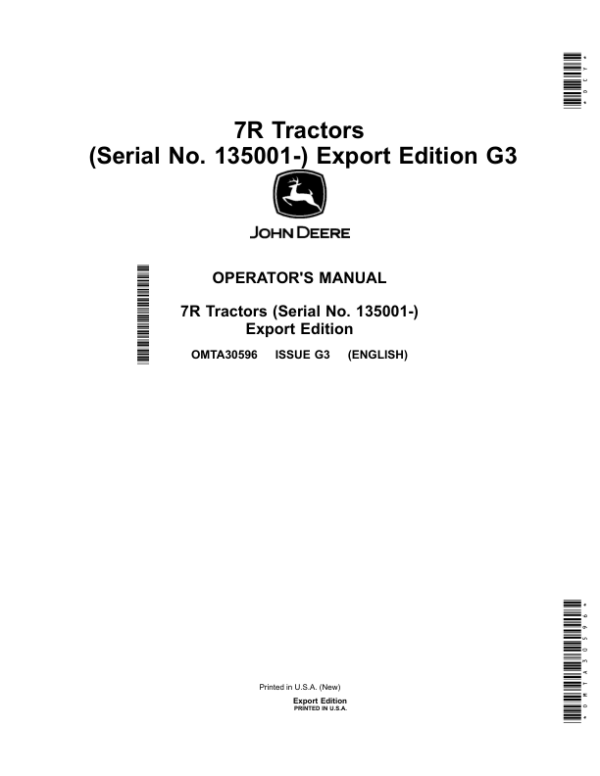 John Deere 7R Tractors G3 (135001-) (Export Edition) Operator’s Manual (OMTA30596) Workshop Guide