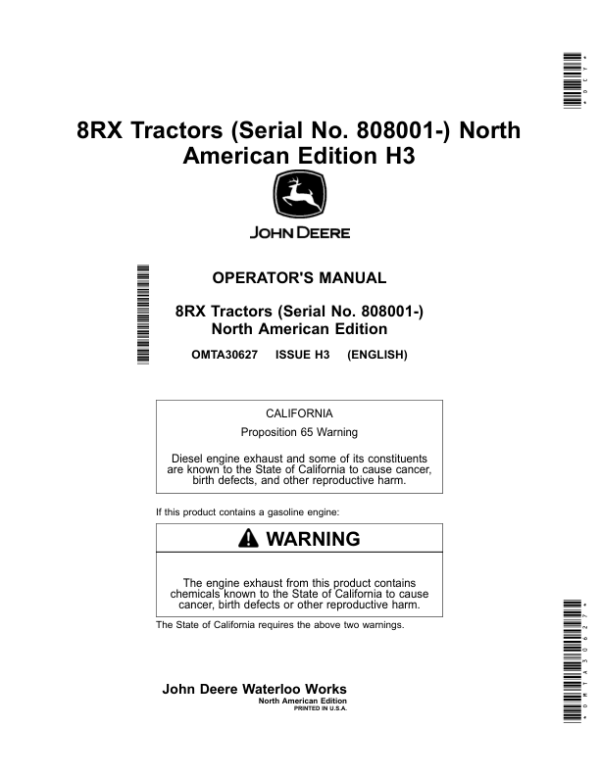 John Deere 8RX Tractors (808001-) H3 (North American) Operator’s Manual (OMTA30627) Workshop Guide