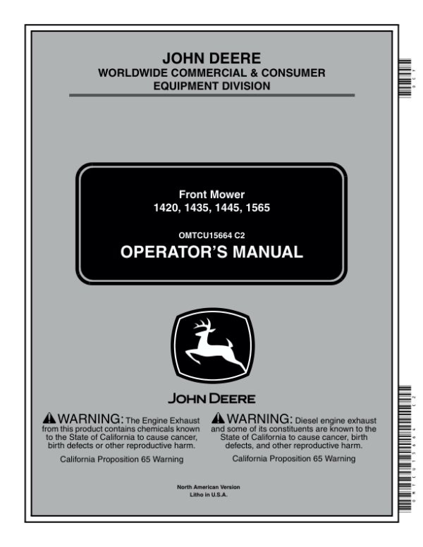 John Deere Front Mower 1420, 1435, 1445 & 1565 Operator’s Manual (OMTCU15664) Workshop Guide