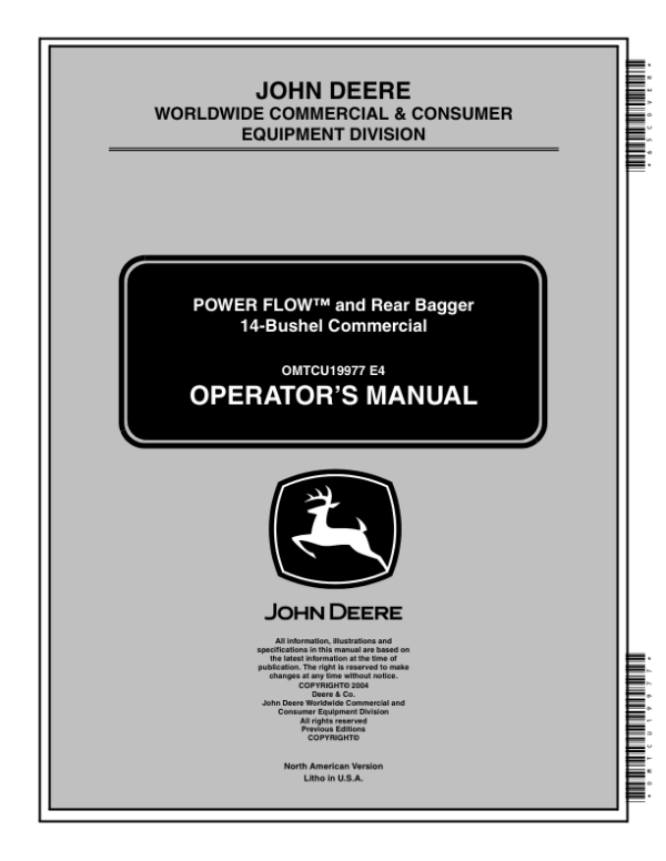 John Deere 14-Bushel Rear Bagger, Powerflow Operator’s Manual (OMTCU19977) Workshop Guide
