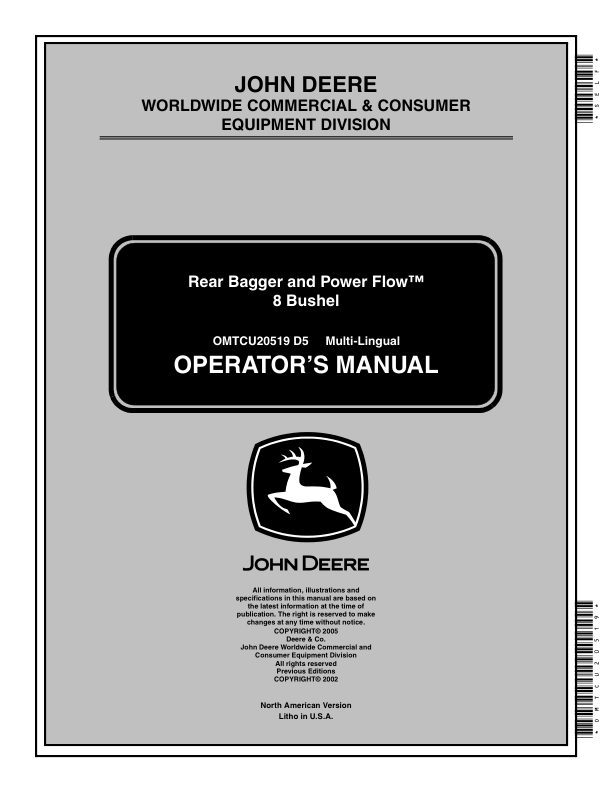 John Deere 8 Bushel Rear Bagger, Powerflow (010001-) Operator’s Manual (OMTCU20519) Workshop Guide