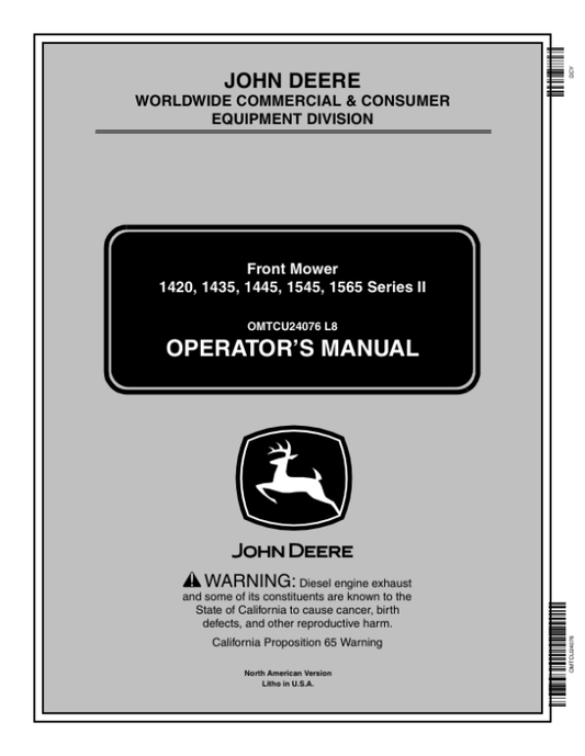 John Deere 1420, 1435, 1445 (080001-), 1545 (060001-), 1565 (070001-) Front Mowers Operator’s Manual (OMTCU24076) Workshop Guide