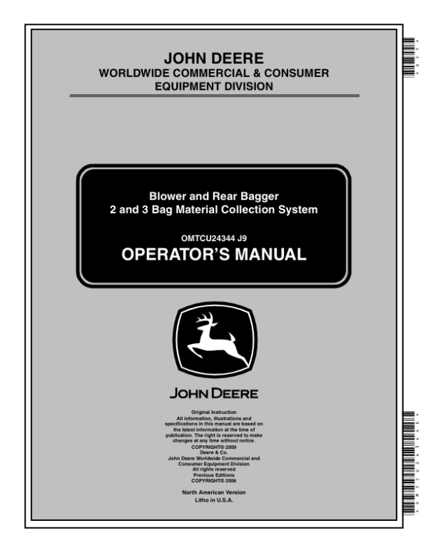 John Deere Blower, Rear Bagger 2, 3 Bag Material Collection System (North America) (010001-) Operator’s Manual (OMTCU24344E) Workshop Guide