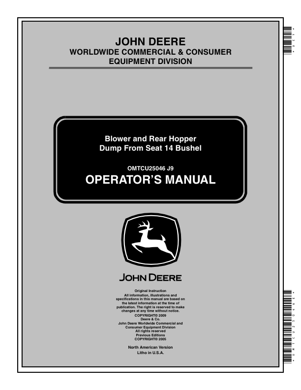 John Deere Blower, Rear Bagger 2, 3 Bag Material Collection System (North America) (010001-) Operator’s Manual (OMTCU25046E) Workshop Guide