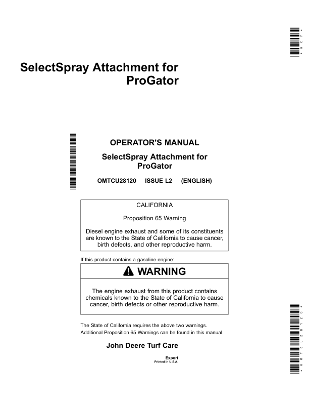 John Deere HD200 SelectSpray Export Edition (055001-065000) Operator’s Manual (OMTCU28120) Workshop Guide