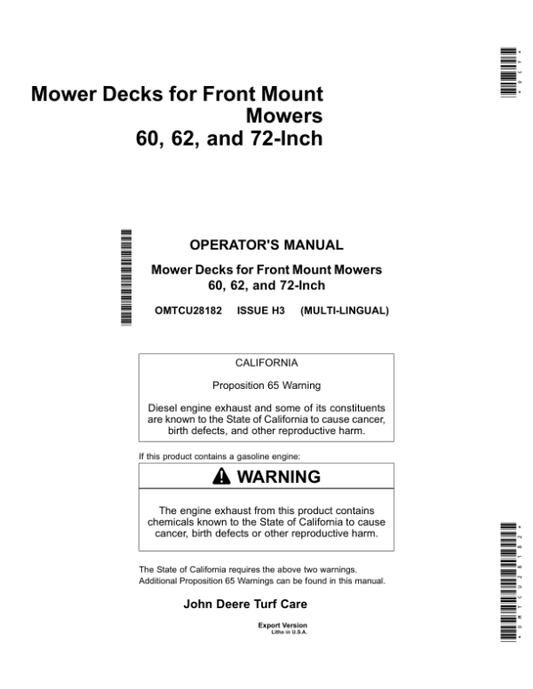 John Deere Mower Decks for Front Mount Mowers 60, 62, 72-Inch (Export Version) Operator’s Manual (OMTCU28182) Workshop Guide