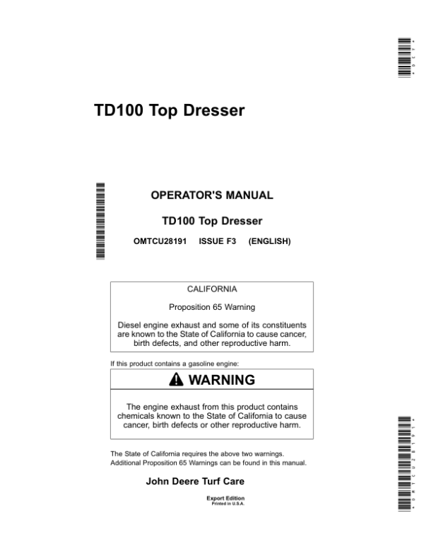 John Deere TC100 Top Dresser (050001-) Operator’s Manual (OMTCU28191) Workshop Guide