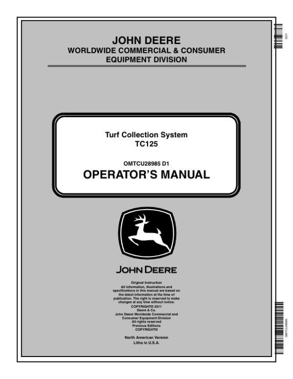 John Deere TC125 Turf Collection System (NA) Operator’s Manual (OMTCU28985) Workshop Guide