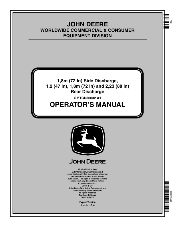 John Deere Mower Decks for 1505, 1515 – (010001-) Operator’s Manual (OMTCU30032) Workshop Guide