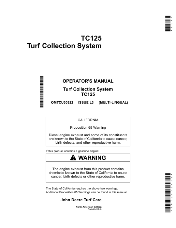 John Deere TC125Turf Collection System (North American) Operator’s Manual (OMTCU30922) Workshop Guide