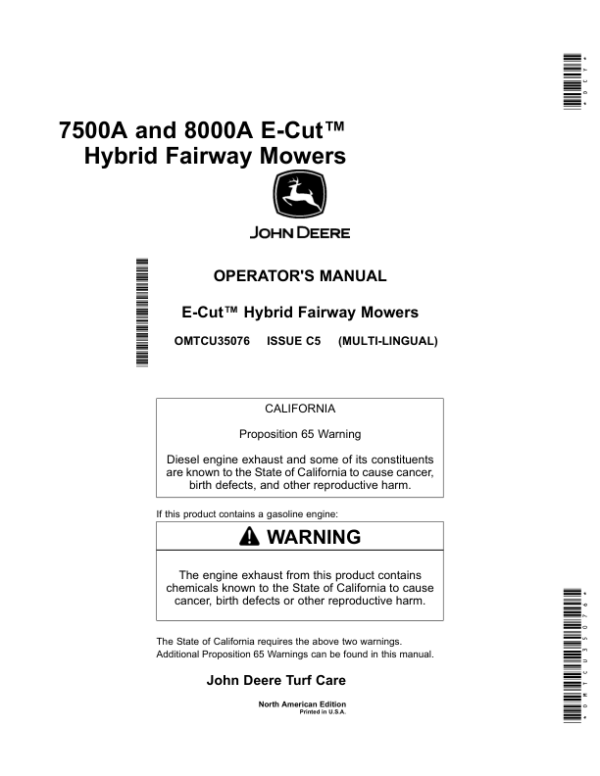 John Deere 7500A, 8000A E-Cut Hybrid Fairway Mowers (North American) Operator’s Manual (OMTCU35076) Workshop Guide