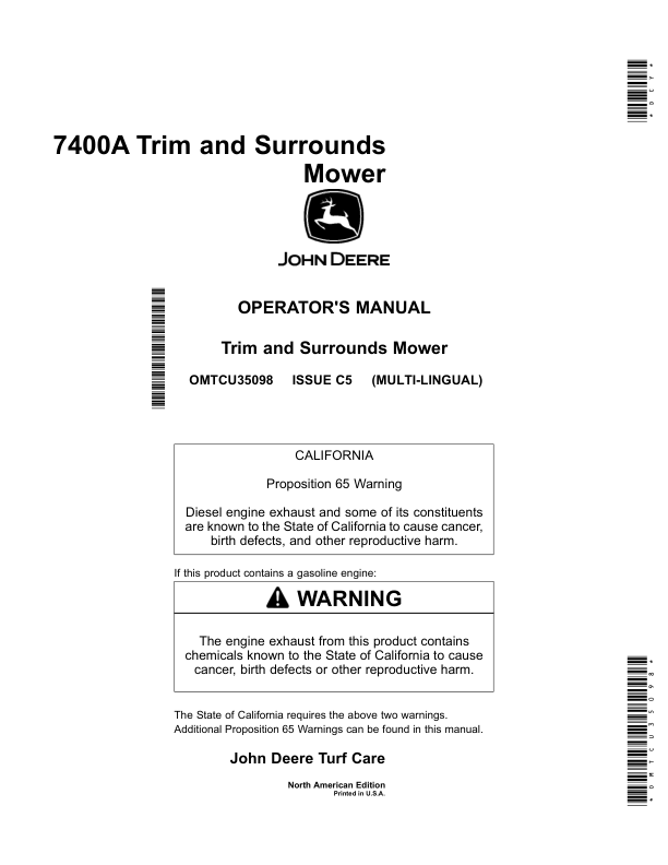 John Deere 7400A Trim, Surrounds Mower (North American) Operator’s Manual (OMTCU35098) Workshop Guide