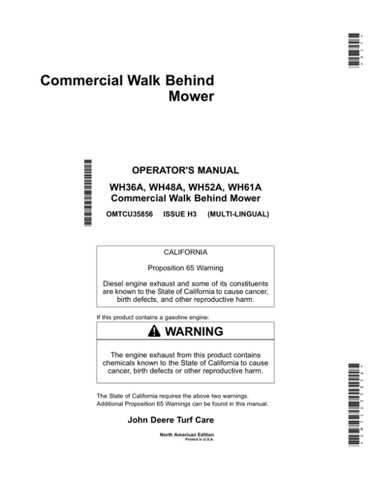 John Deere Commercial Walk Behind Mower (North American) Operator’s Manual (OMTCU35856) Workshop Guide