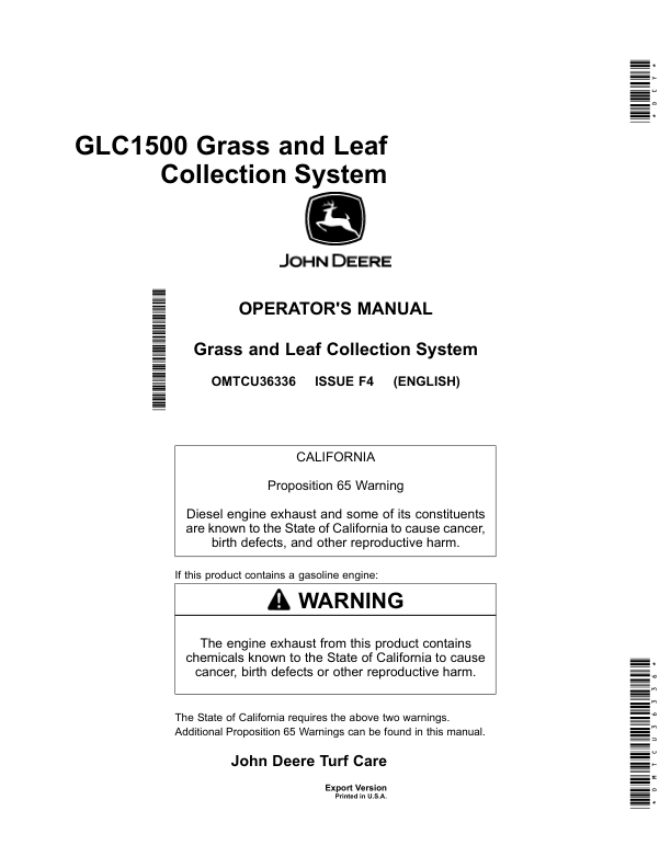 John Deere GLC1500 Grass & Leaf Collection System Operator’s Manual (OMTCU36336) Workshop Guide