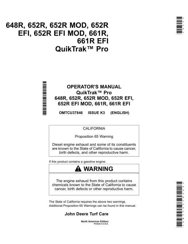 John Deere 648R, 652R, 652R MOD, 652R EFI, 652R EFI MOD, 661R, 661R EFI QuikTrak Pro (North America) (025001-035000) Operator’s Manual (OMTCU37846E) Workshop Guide